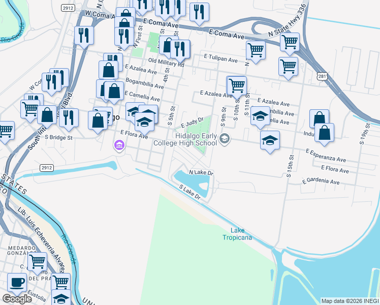 map of restaurants, bars, coffee shops, grocery stores, and more near 1000 Lakeview Drive in Hidalgo