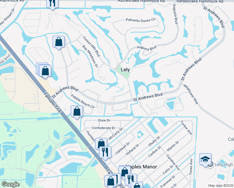 map of restaurants, bars, coffee shops, grocery stores, and more near 361 Saint Andrews Boulevard in Naples