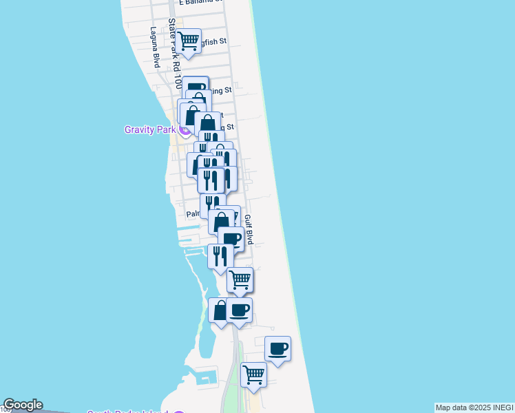 map of restaurants, bars, coffee shops, grocery stores, and more near 1816 Gulf Boulevard in South Padre Island