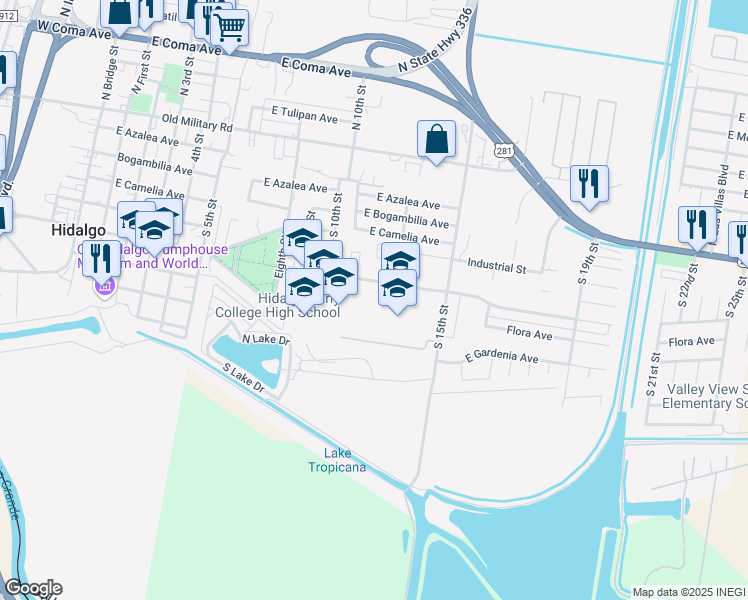 map of restaurants, bars, coffee shops, grocery stores, and more near 1312 East Pirate Drive in Hidalgo
