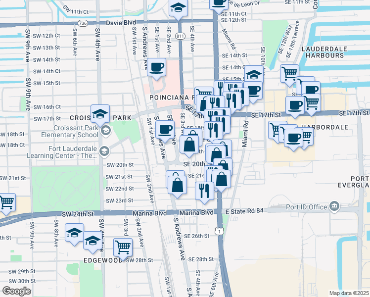 map of restaurants, bars, coffee shops, grocery stores, and more near 1909 Southeast 4th Avenue in Fort Lauderdale