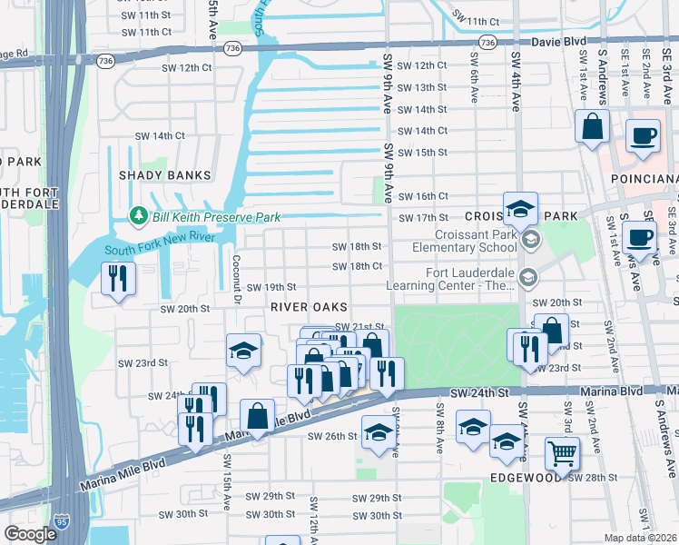 map of restaurants, bars, coffee shops, grocery stores, and more near 1008 Southwest 19th Street in Fort Lauderdale