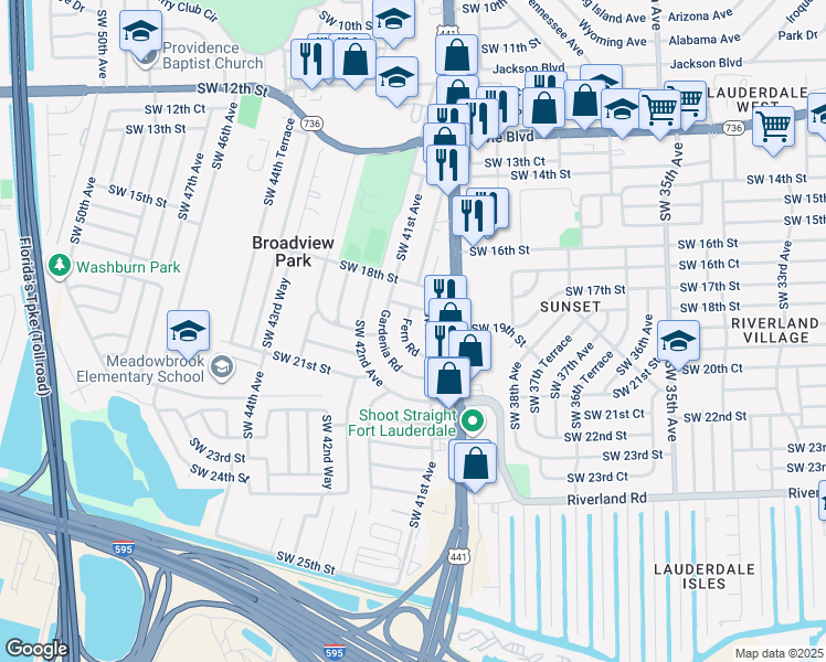 map of restaurants, bars, coffee shops, grocery stores, and more near 1833 Fern Road in Plantation