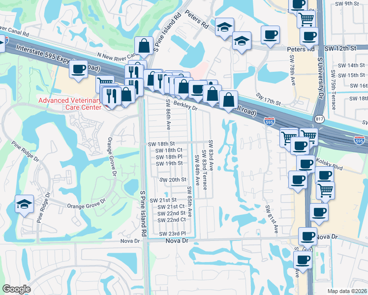 map of restaurants, bars, coffee shops, grocery stores, and more near 8514 Southwest 18th Place in Davie