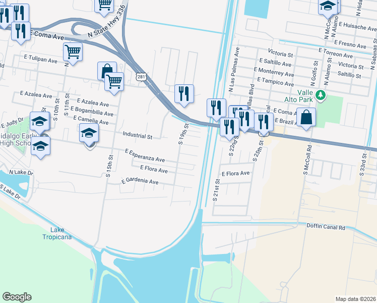 map of restaurants, bars, coffee shops, grocery stores, and more near 1907 Esperanza Avenue in Hidalgo