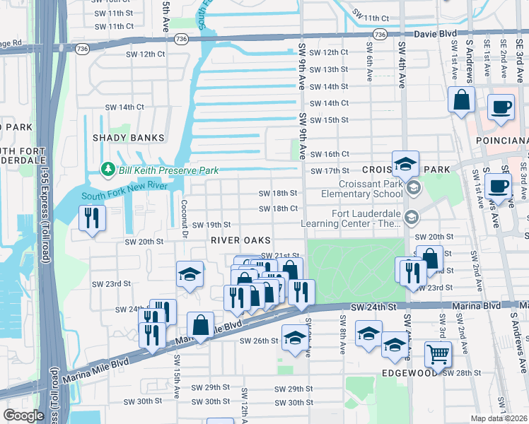 map of restaurants, bars, coffee shops, grocery stores, and more near 1008 Southwest 19th Street in Fort Lauderdale