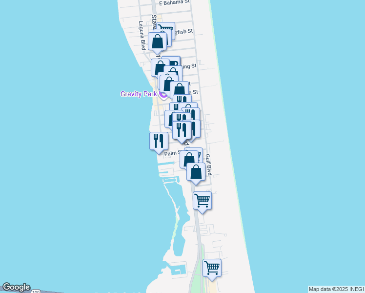 map of restaurants, bars, coffee shops, grocery stores, and more near 112 East Corral Street in South Padre Island