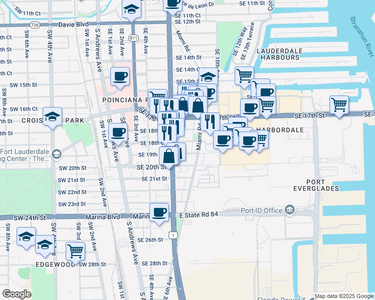 map of restaurants, bars, coffee shops, grocery stores, and more near 705 Southeast 18th Court in Fort Lauderdale