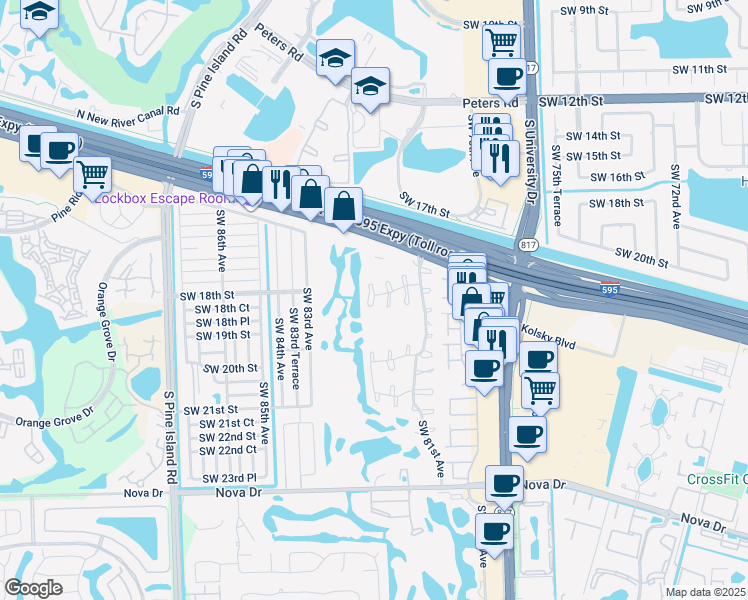 map of restaurants, bars, coffee shops, grocery stores, and more near 1775 Southwest 81st Lane in Davie