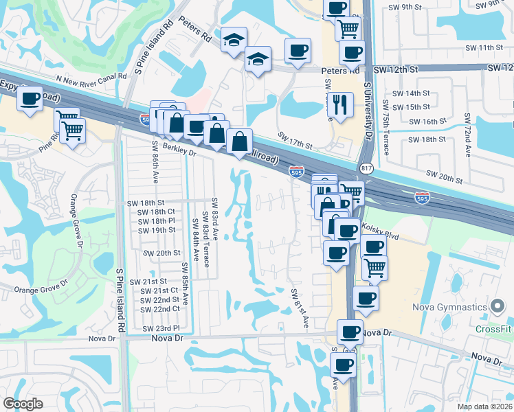 map of restaurants, bars, coffee shops, grocery stores, and more near 1775 Southwest 81st Lane in Davie