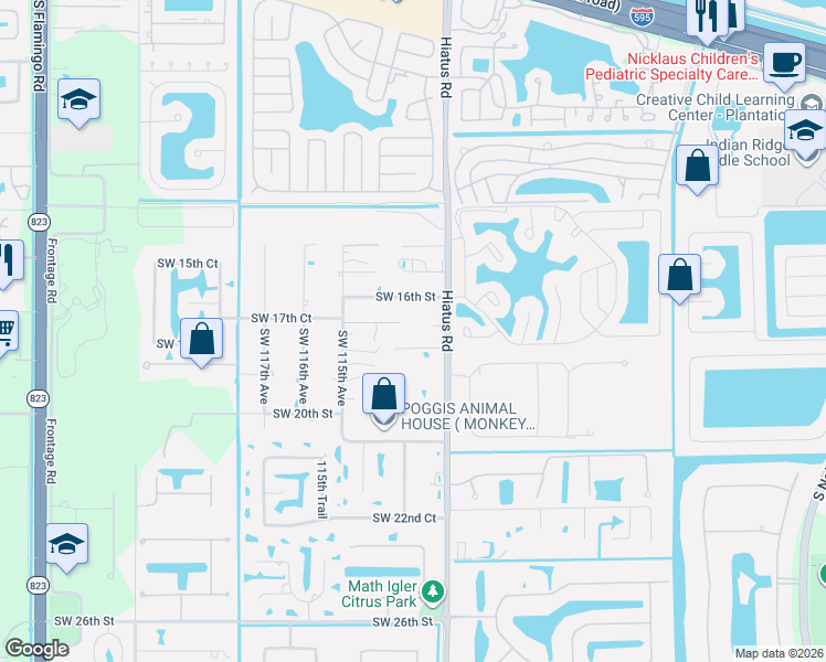 map of restaurants, bars, coffee shops, grocery stores, and more near 11409 Southwest 17th Street in Davie