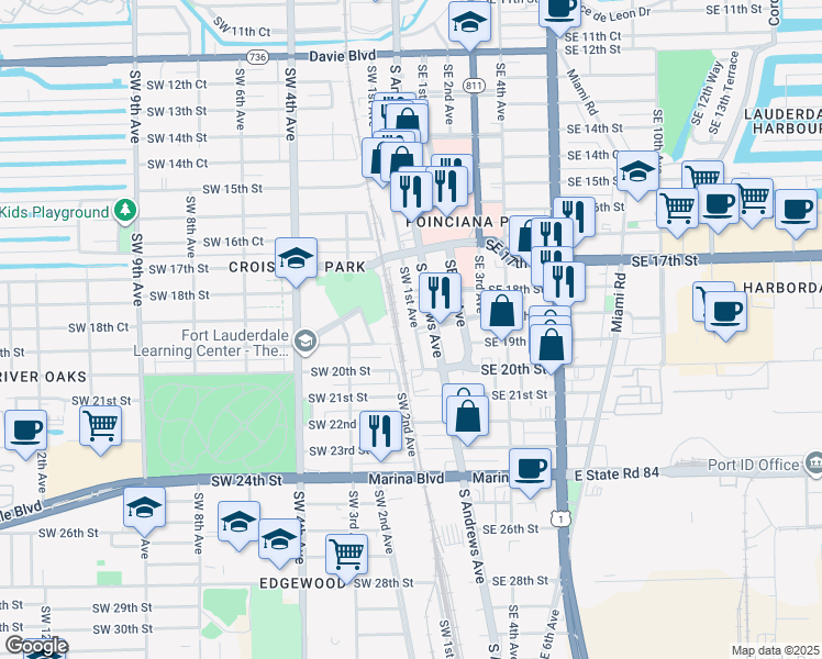 map of restaurants, bars, coffee shops, grocery stores, and more near 1905 Southwest 1st Avenue in Fort Lauderdale