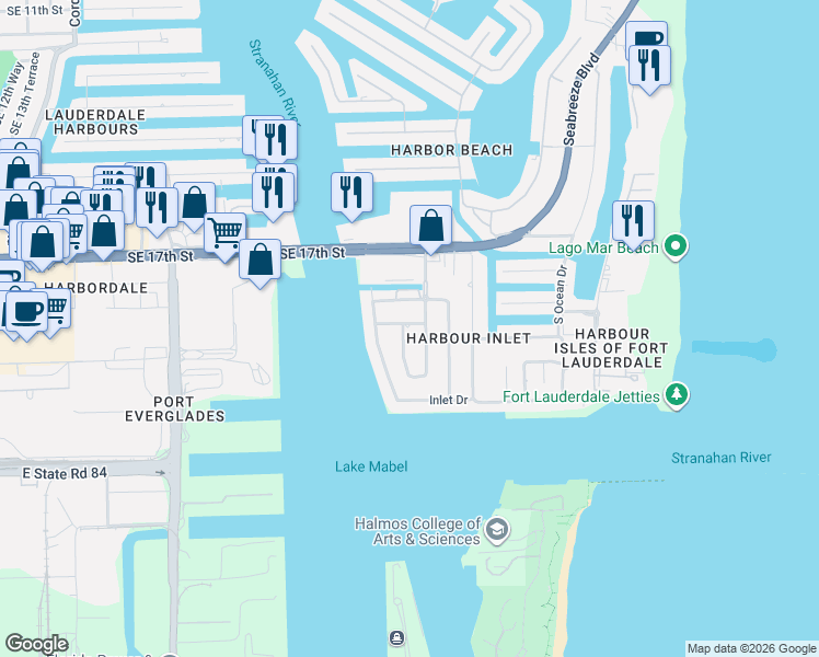 map of restaurants, bars, coffee shops, grocery stores, and more near 2215 Southeast 19th Street in Fort Lauderdale