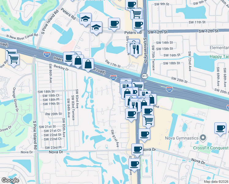 map of restaurants, bars, coffee shops, grocery stores, and more near 38 Southwest 18th Court in Davie