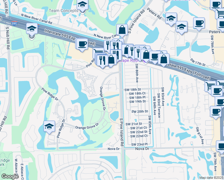 map of restaurants, bars, coffee shops, grocery stores, and more near 9107B Southwest 20th Street in Davie