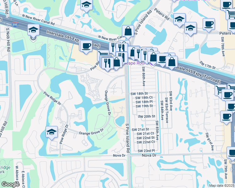 map of restaurants, bars, coffee shops, grocery stores, and more near 9107B Southwest 20th Street in Davie