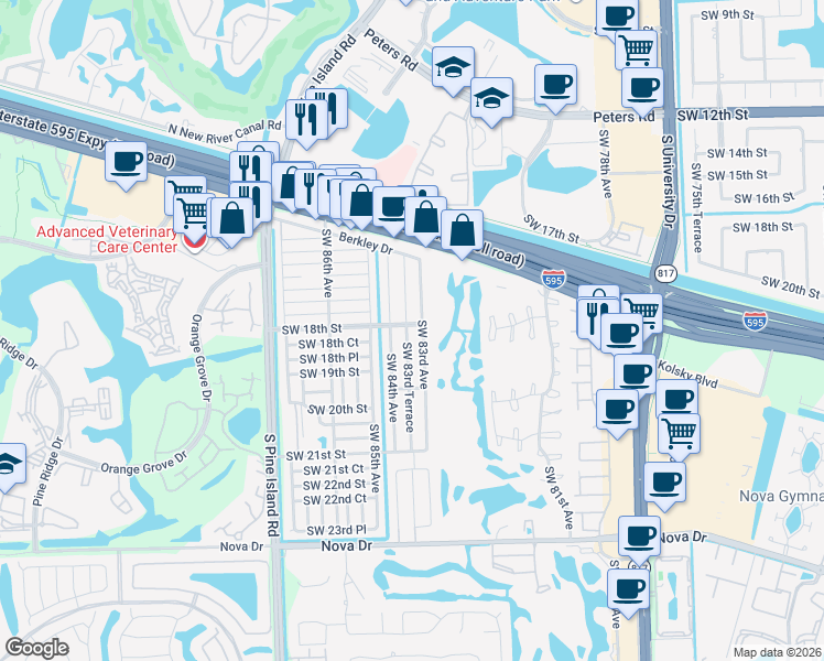map of restaurants, bars, coffee shops, grocery stores, and more near 1800 Southwest 83rd Terrace in Davie