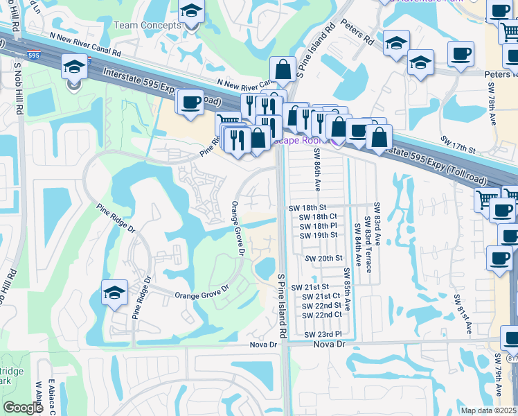 map of restaurants, bars, coffee shops, grocery stores, and more near 9107B Southwest 20th Street in Davie