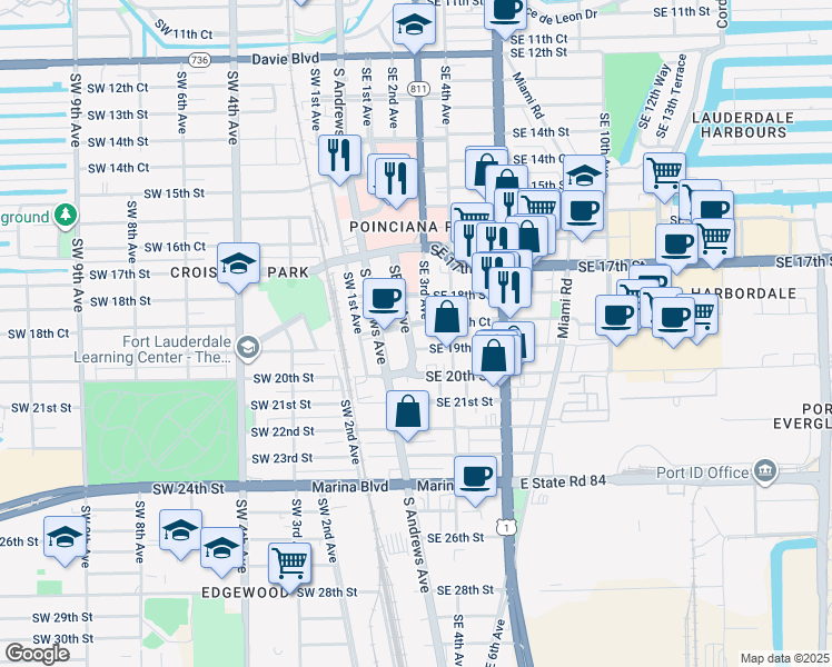 map of restaurants, bars, coffee shops, grocery stores, and more near 1824 Southeast 1st Avenue in Fort Lauderdale