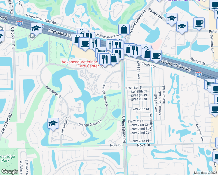 map of restaurants, bars, coffee shops, grocery stores, and more near 9120 Southwest 19th Court in Davie