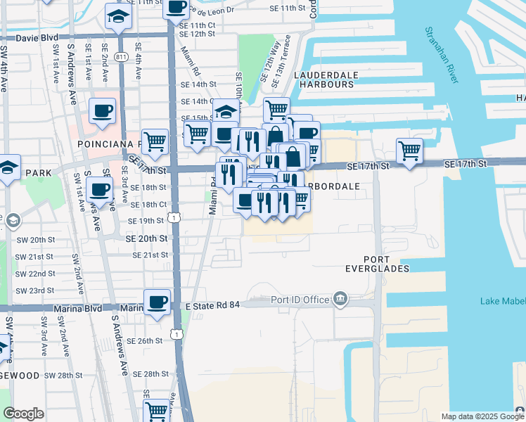 map of restaurants, bars, coffee shops, grocery stores, and more near 1800 Cordova Road in Fort Lauderdale