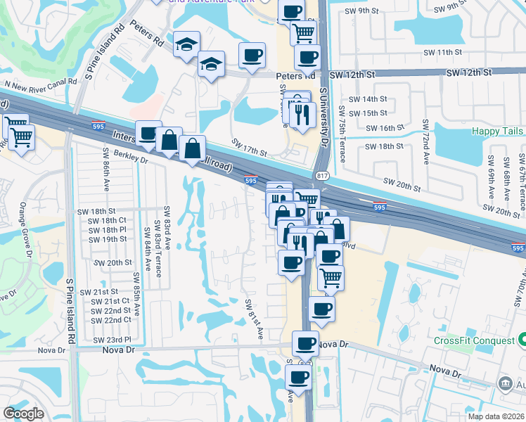 map of restaurants, bars, coffee shops, grocery stores, and more near 38 Southwest 18th Court in Davie