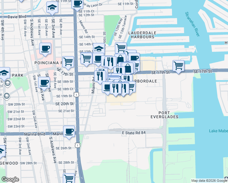 map of restaurants, bars, coffee shops, grocery stores, and more near 1845 Cordova Road in Fort Lauderdale
