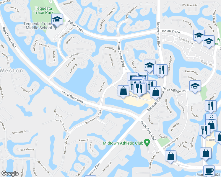 map of restaurants, bars, coffee shops, grocery stores, and more near 1601 Town Center Blvd in Weston