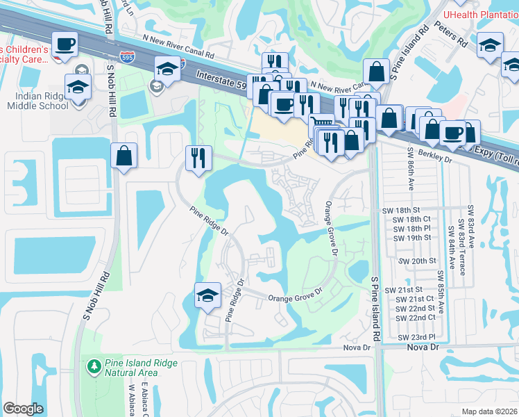 map of restaurants, bars, coffee shops, grocery stores, and more near 9430 Poinciana Place in Davie