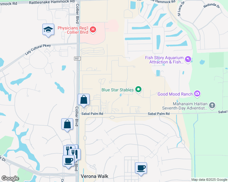 map of restaurants, bars, coffee shops, grocery stores, and more near 5650 Melrose Lane in Naples