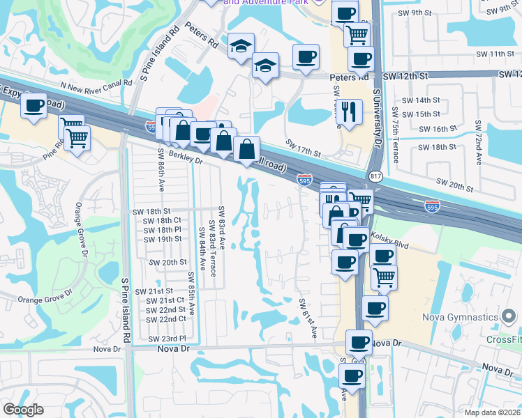 map of restaurants, bars, coffee shops, grocery stores, and more near 1775 Southwest 81st Lane in Davie