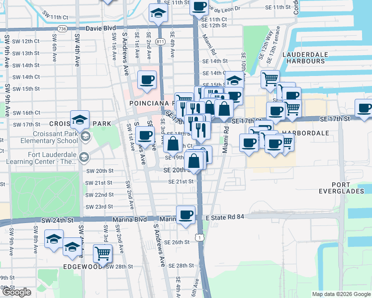 map of restaurants, bars, coffee shops, grocery stores, and more near 420 Southeast 18th Court in Fort Lauderdale