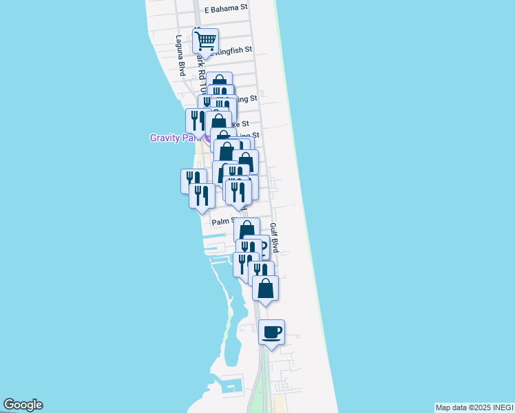 map of restaurants, bars, coffee shops, grocery stores, and more near 1900 Padre Boulevard in South Padre Island