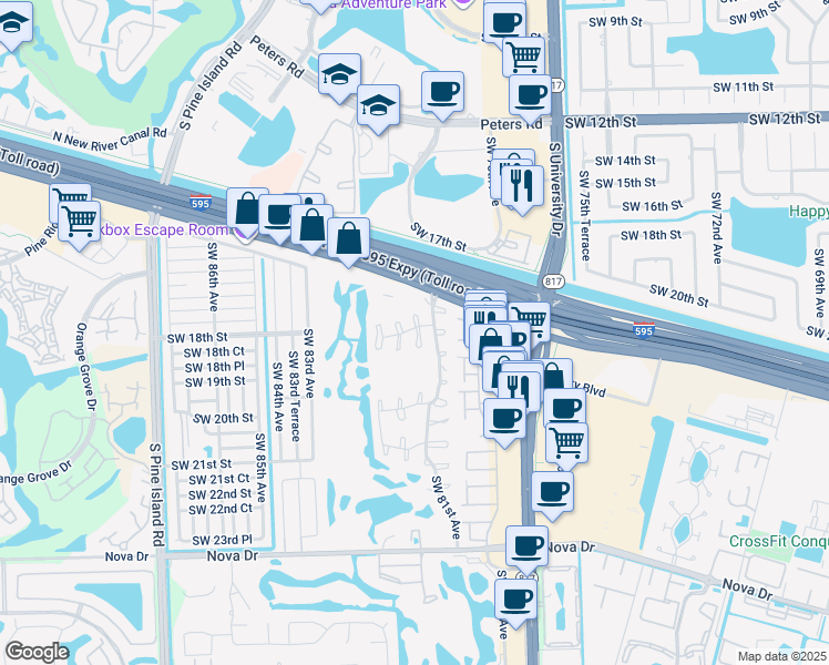 map of restaurants, bars, coffee shops, grocery stores, and more near 8040 Southwest 18th Court in Davie