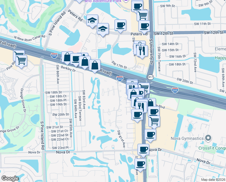 map of restaurants, bars, coffee shops, grocery stores, and more near 1794 Southwest 81st Terrace in Davie