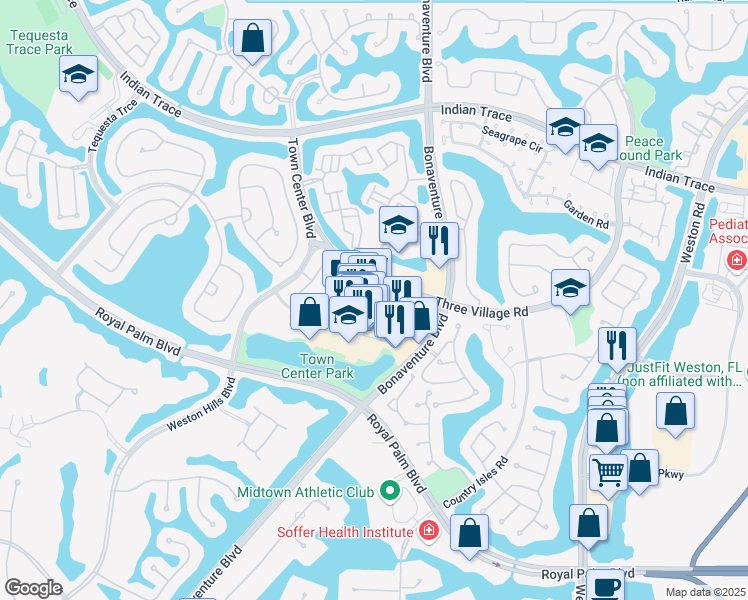 map of restaurants, bars, coffee shops, grocery stores, and more near 1601 Promenade Boulevard in Weston