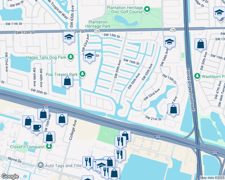 map of restaurants, bars, coffee shops, grocery stores, and more near 5900 Southwest 18th Street in Plantation