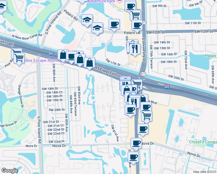 map of restaurants, bars, coffee shops, grocery stores, and more near 1794 Southwest 81st Terrace in Davie