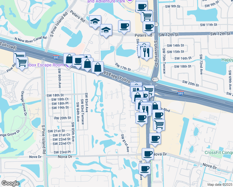 map of restaurants, bars, coffee shops, grocery stores, and more near 1794 Southwest 81st Terrace in Davie