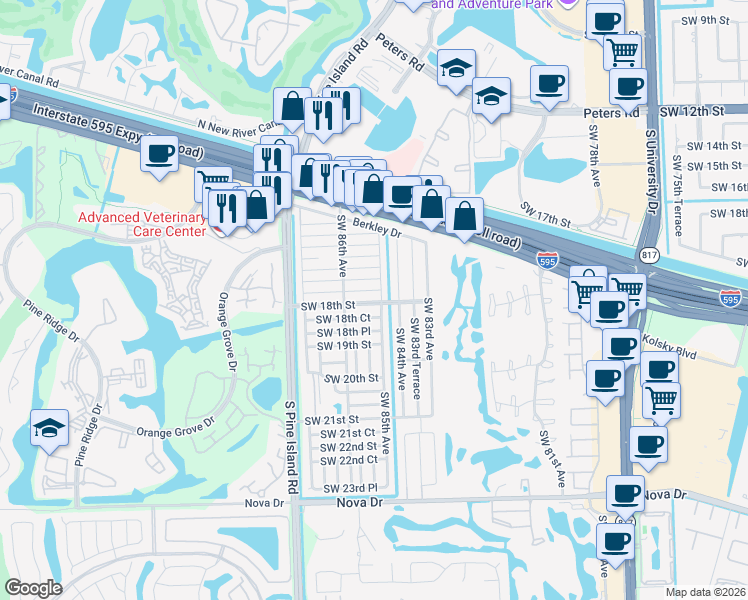 map of restaurants, bars, coffee shops, grocery stores, and more near 8508 Southwest 17th Court in Davie