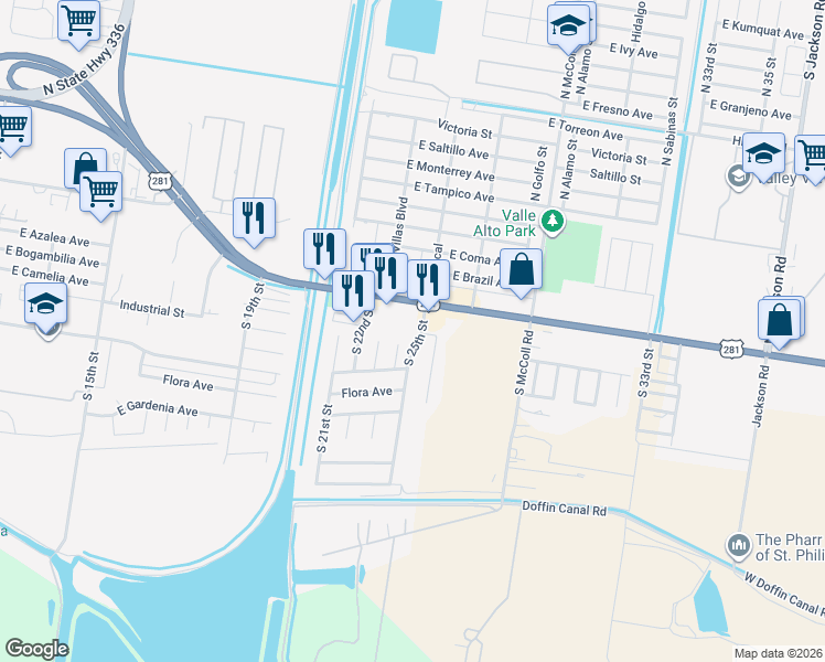 map of restaurants, bars, coffee shops, grocery stores, and more near 2206 E U.S. 281 in Hidalgo
