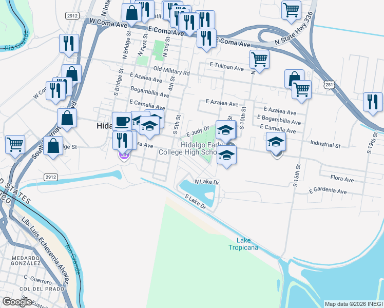 map of restaurants, bars, coffee shops, grocery stores, and more near 610 East Patsy Drive in Hidalgo