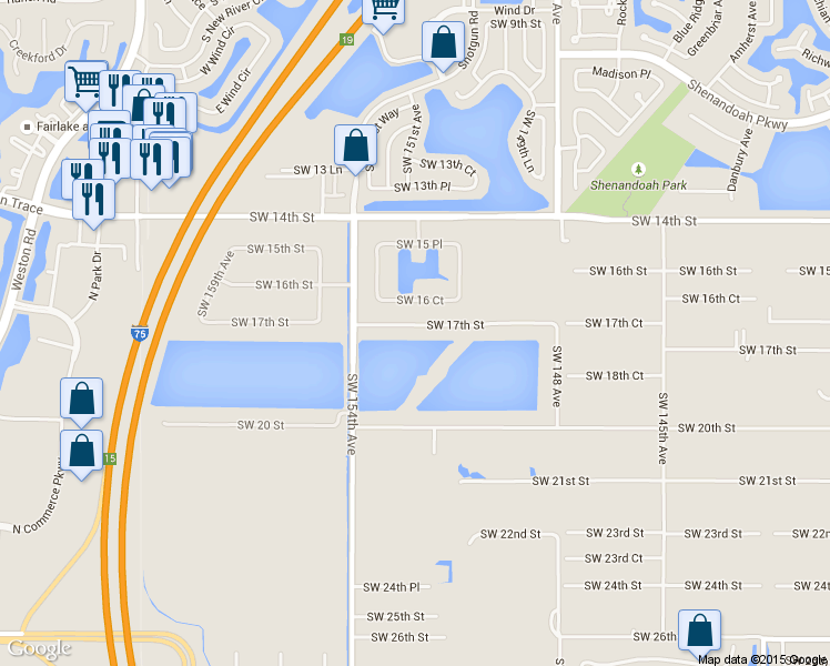 map of restaurants, bars, coffee shops, grocery stores, and more near 15192 Southwest 17th Street in Davie