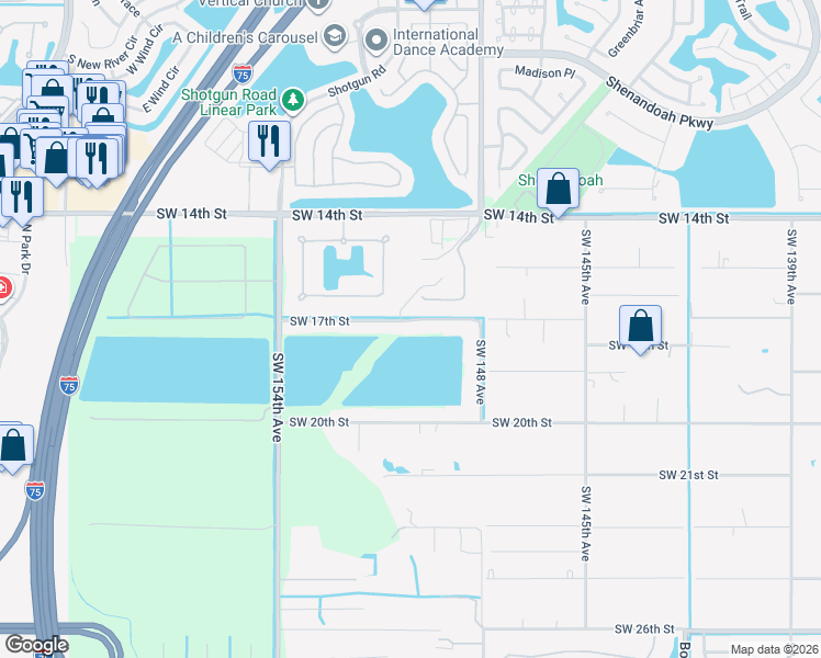 map of restaurants, bars, coffee shops, grocery stores, and more near 15042 Southwest 17th Street in Davie
