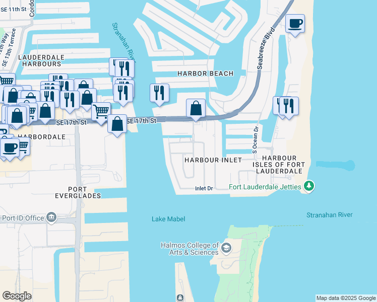 map of restaurants, bars, coffee shops, grocery stores, and more near 2215 Southeast 19th Street in Fort Lauderdale