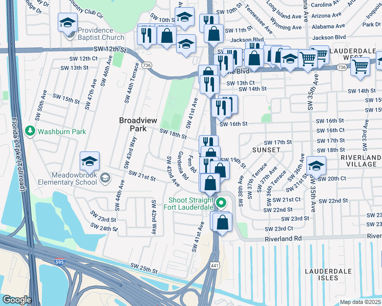 map of restaurants, bars, coffee shops, grocery stores, and more near 1801 Fern Road in Plantation