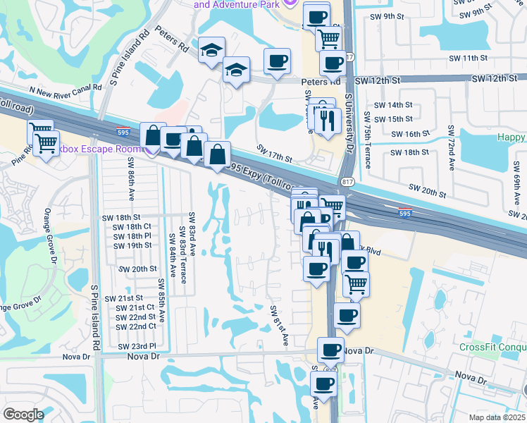 map of restaurants, bars, coffee shops, grocery stores, and more near 1794 Southwest 81st Terrace in Davie