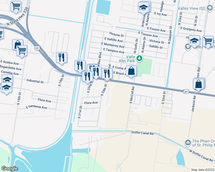 map of restaurants, bars, coffee shops, grocery stores, and more near 2206 E U.S. 281 in Hidalgo