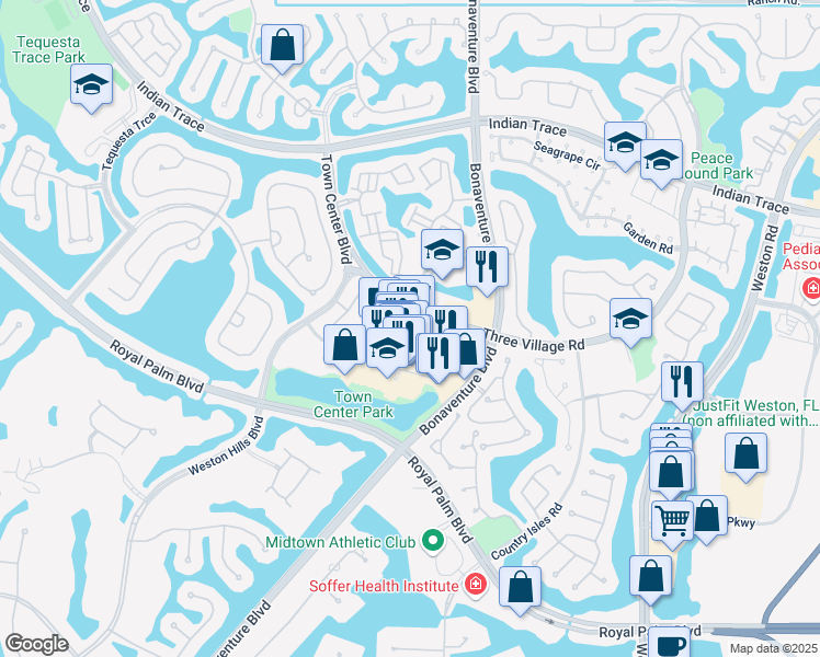 map of restaurants, bars, coffee shops, grocery stores, and more near 1601 Promenade Boulevard in Weston