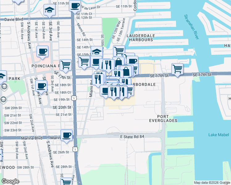map of restaurants, bars, coffee shops, grocery stores, and more near 1845 Cordova Road in Fort Lauderdale